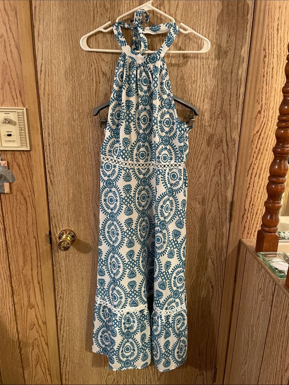 Cupshe Teal and White Backless Halter Maxi Dress